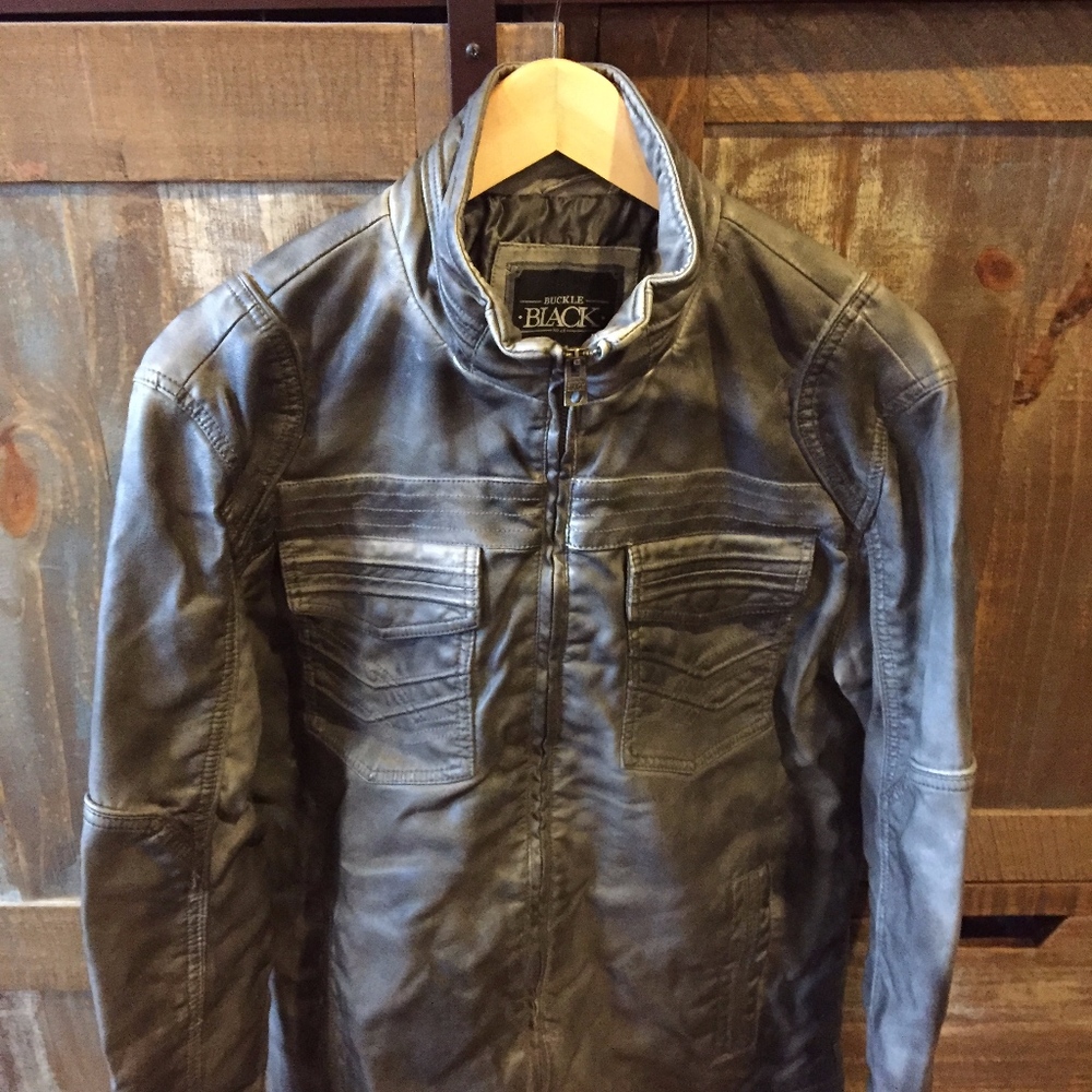 Buckle Black Faux Leather Jacket - Men's